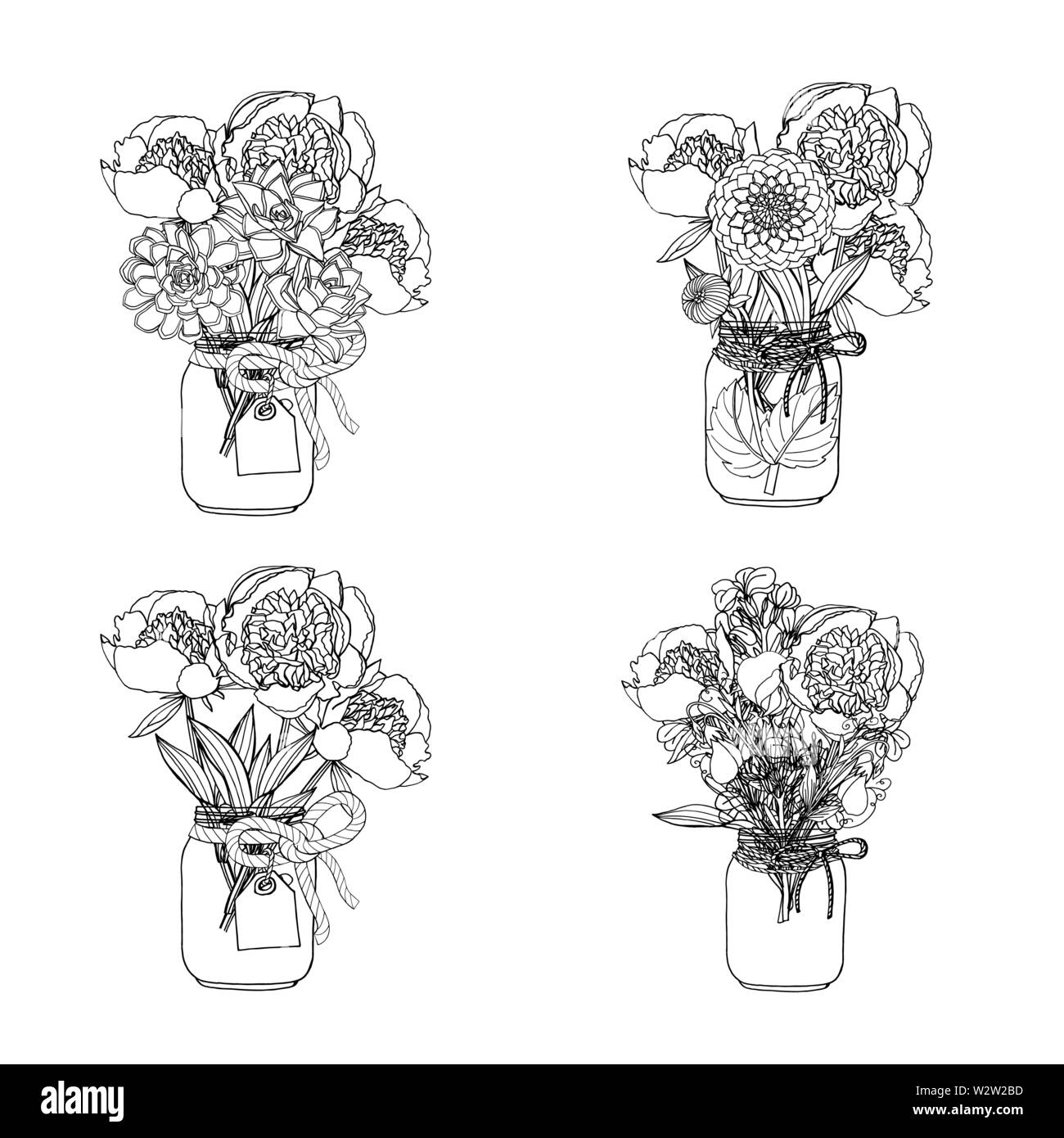 Hand gezeichnet Doodle style Bouquets verschiedener Blumen: saftige, Dahlie, Lager Blume, Sweet pea. auf weißem Hintergrund. Vektor illustratio Stock Vektor