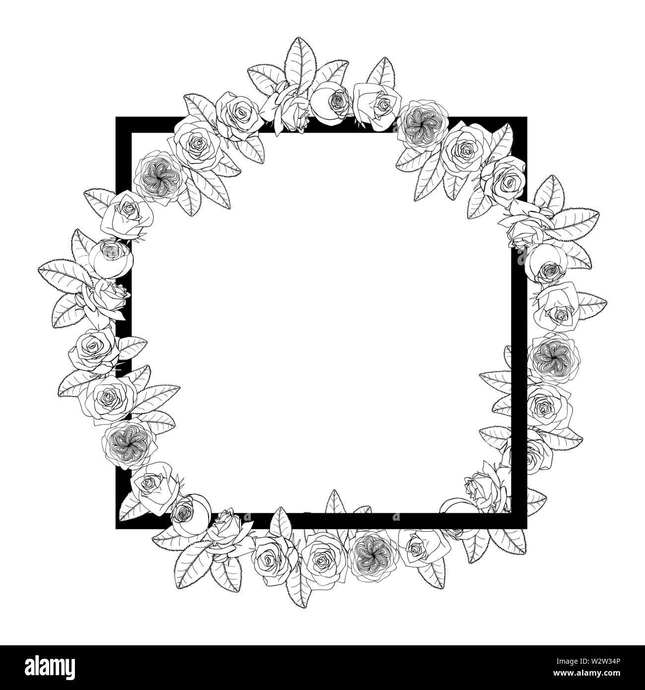 Hand gezeichnet Doodle style rose Blumen um quadratischen Rahmen Kranz. Floral Design Element. auf weißem Hintergrund. Vektor Illustration. Stock Vektor