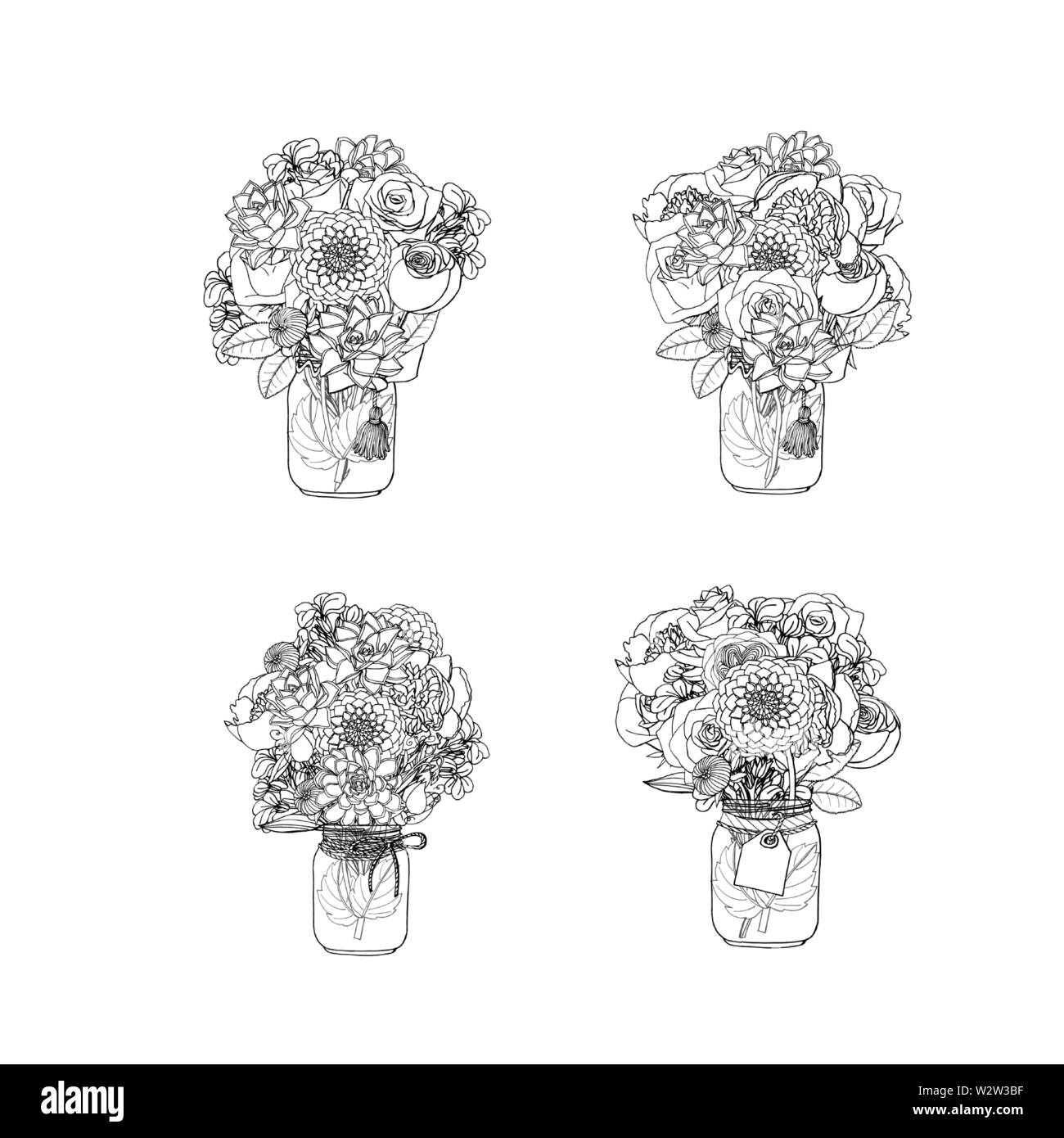 Hand gezeichnet Doodle style Bouquets verschiedener Blumen: saftige, Pfingstrose, Rose, Dahlie, Lager Blume, Sweet pea. auf weißem Hintergrund. Vektor Stock Vektor