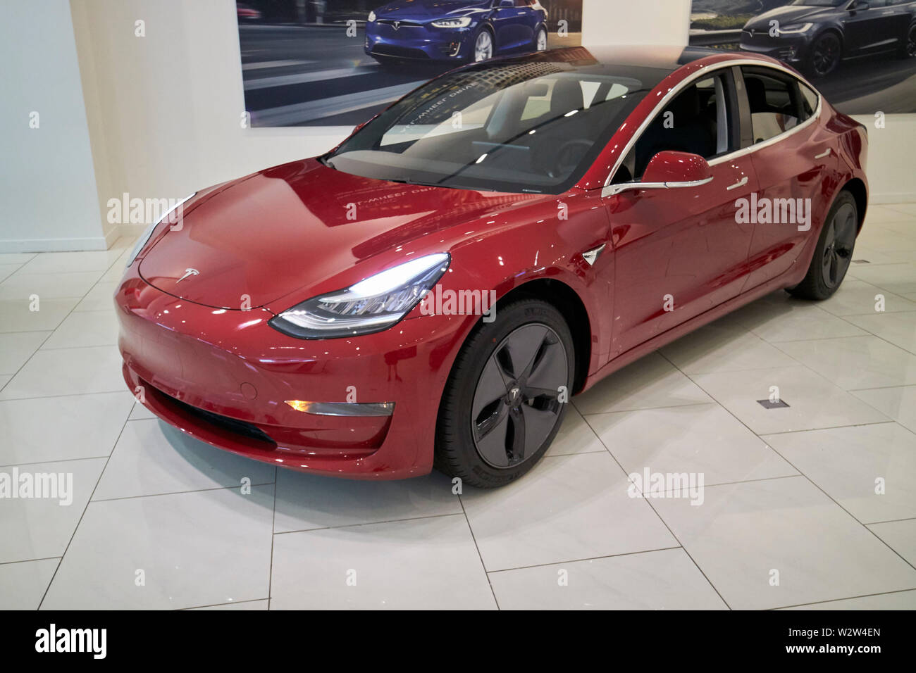 Red Tesla Modell 3 in einem Tesla Galerie Showroom in Florida USA Vereinigte Staaten von Amerika Stockfoto