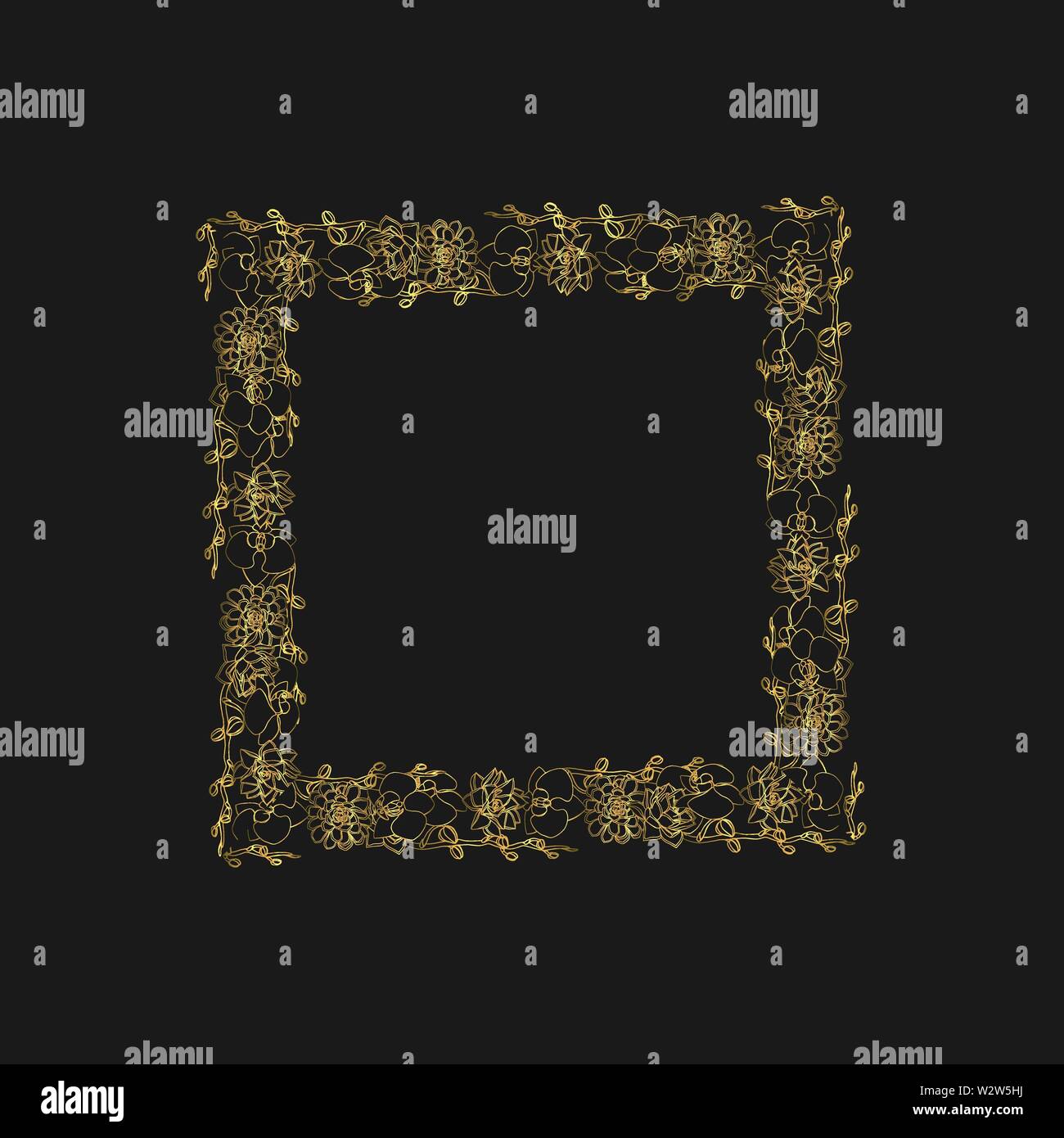 Hand gezeichnet Doodle style saftig und Orchideenblüten. Golden Square Kranz. Floral Design Element. Auf schwarzem Hintergrund isoliert. Vektor illustra Stock Vektor