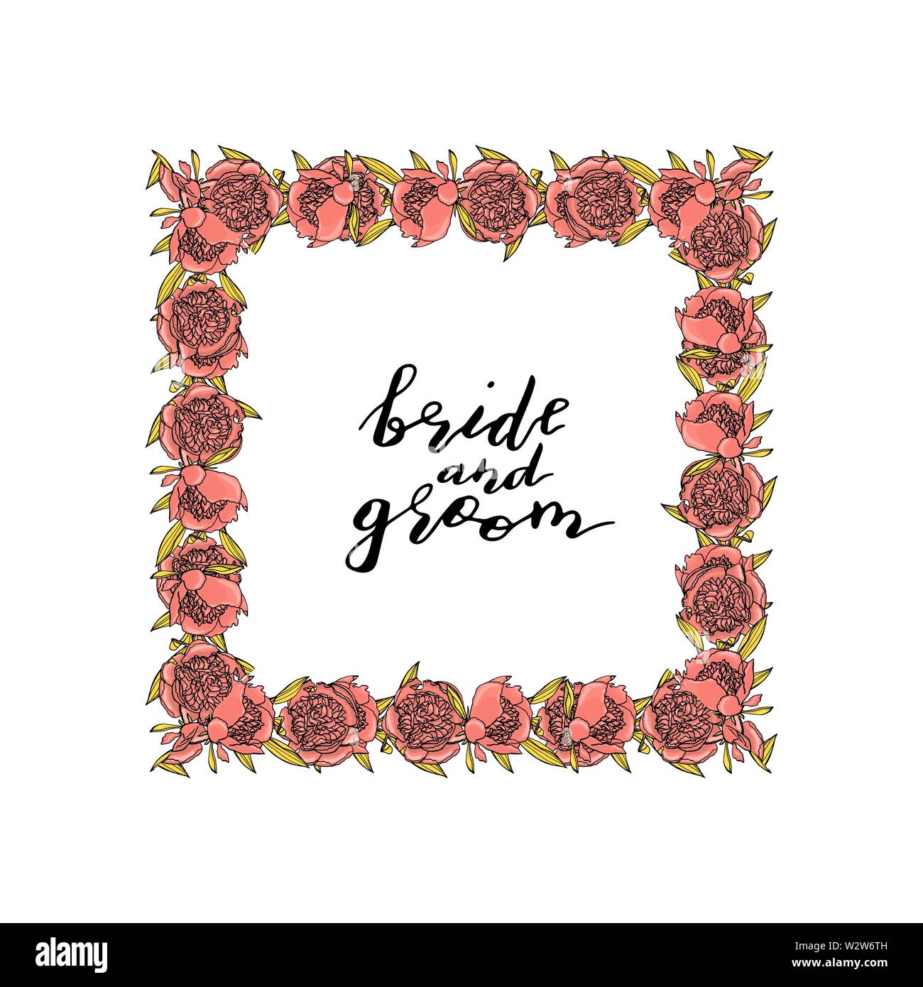 Hand gezeichnet doodle Stil rosa Pfingstrose Kranz mit benutzerdefinierten hand Schrift floral Design Element. Stock Vektor