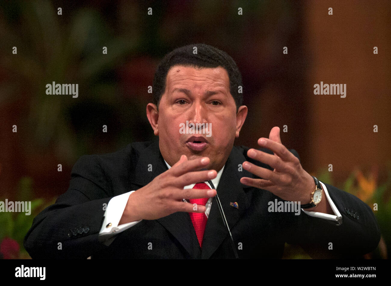 Venezuelas Präsident Hugo Chavez spricht während einer Pressekonferenz in Caracas, Venezuela, August 11, 2006. Stockfoto