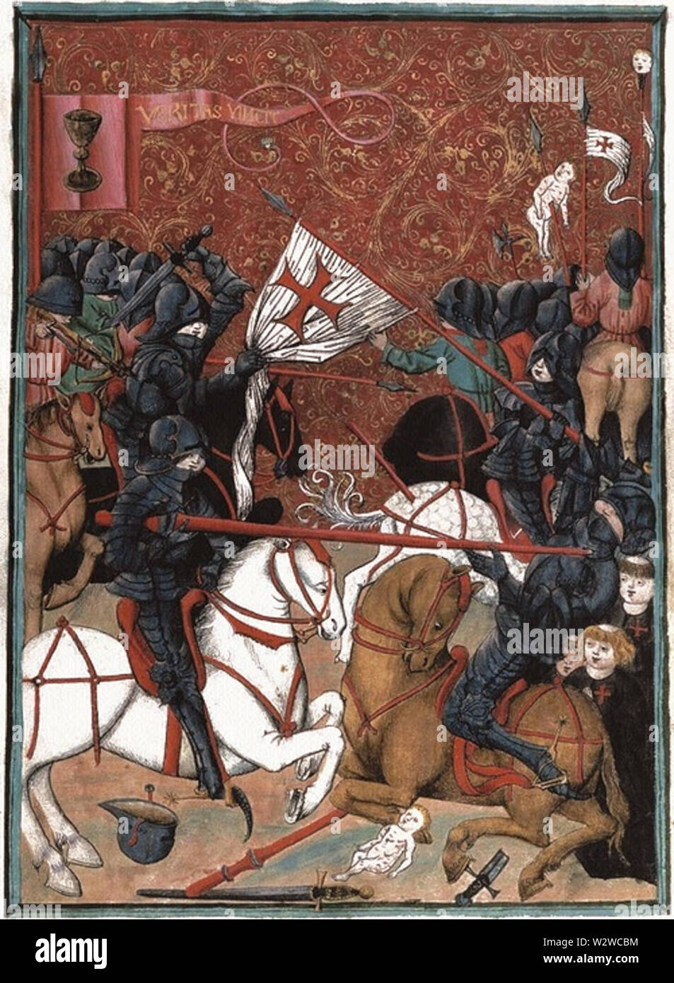 Hussitenkriege, Illustration aus dem Jenaer Codex (15. Jahrhundert), Fol. 56a. English: Hussitenkriege, siehe Abb. im Jenaer Kodex (Kodex Jenský, Prag), Fol. 56a. Čeština: Bitva husitů s křižáky. Z Vyobrazení Jenského kodexu, fol. 56a. Stockfoto