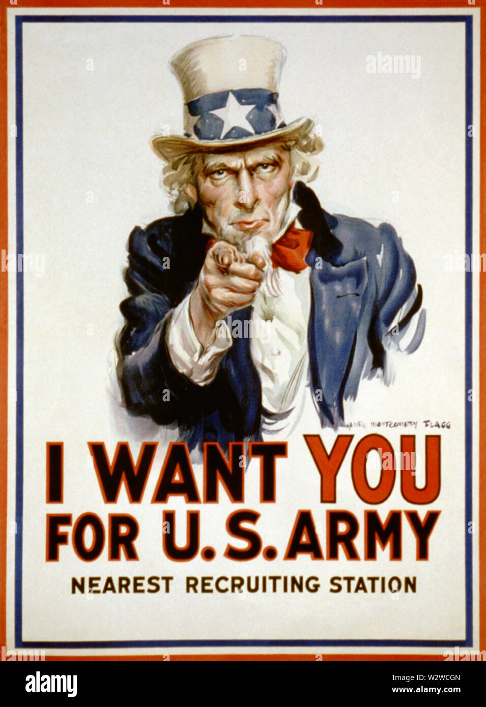 Ich möchte mich bei Ihnen für die US-Armee/James Montgomery Flagg.; Plakat zeigt Uncle Sam zeigt mit dem Finger auf den Betrachter, um Soldaten für die amerikanische Armee während des Ersten Weltkrieges zu rekrutieren Die gedruckten Satz Nächste recruiting Station hat einen leeren Platz unter der Adresse für die Anwerbung hinzuzufügen. Stockfoto