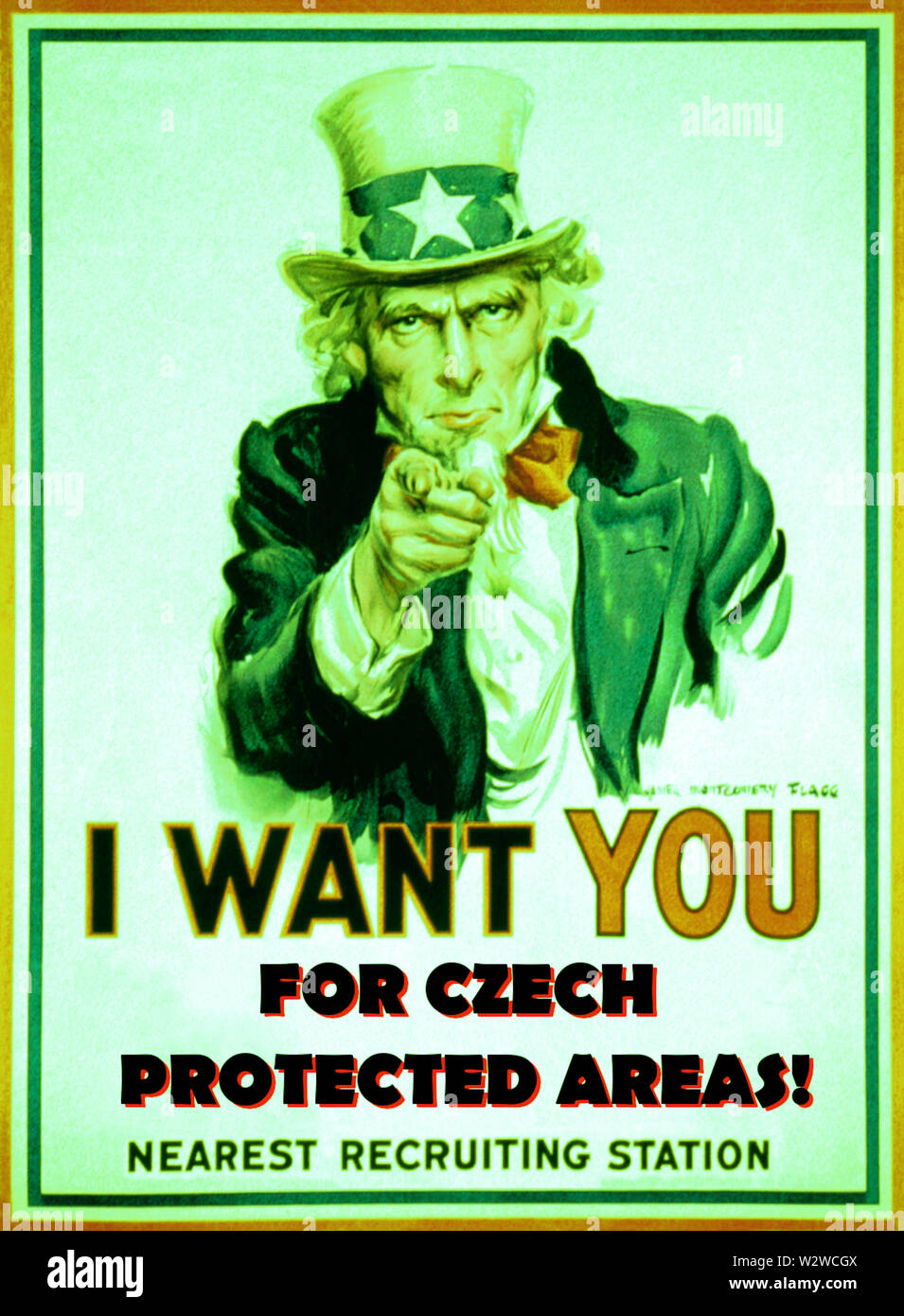 Ich möchte mich bei Ihnen für die US-Armee/James Montgomery Flagg.; Plakat zeigt Uncle Sam zeigt mit dem Finger auf den Betrachter, um Soldaten für die amerikanische Armee während des Ersten Weltkrieges zu rekrutieren Die gedruckten Satz Nächste recruiting Station hat einen leeren Platz unter der Adresse für die Anwerbung hinzuzufügen. Veränderte Werk für Tschechische Albedo Chráněná území von Chmee 2. Stockfoto