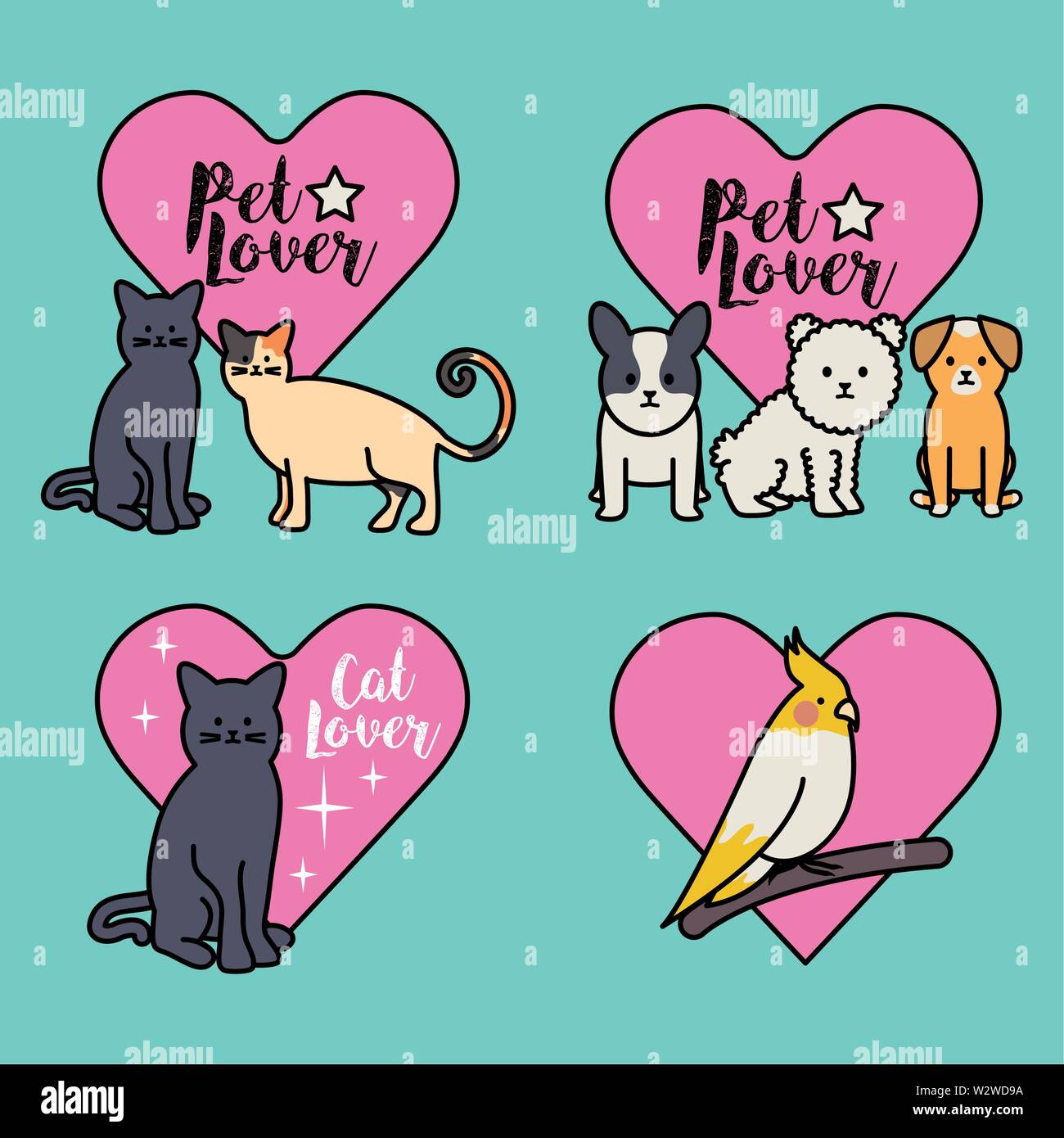 Nette Gruppe von Maskottchen mit Herzen Vector Illustration Design Stock Vektor