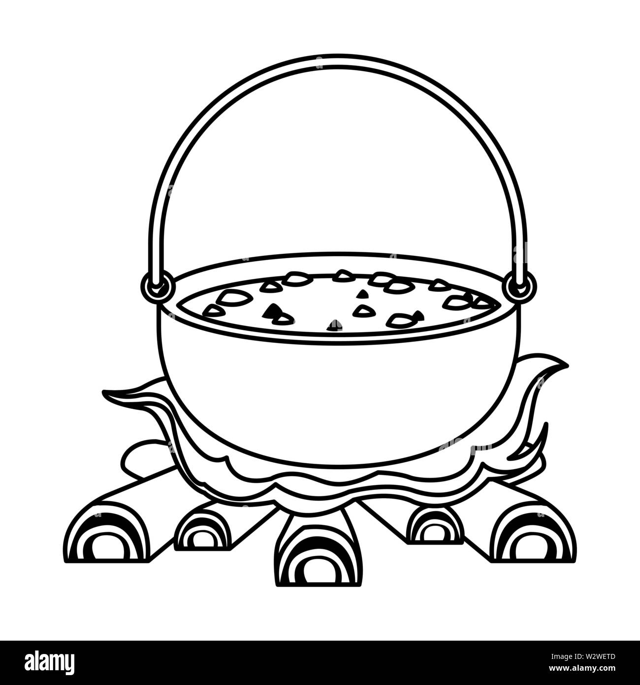 Suppe kochen am Lagerfeuer camping Essen in Schwarz und Weiß Stock Vektor