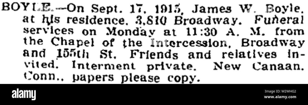 James William Boyle (1845-1915) Beerdigung Bekanntmachung in der New York Times am 18. September 1915 Stockfoto