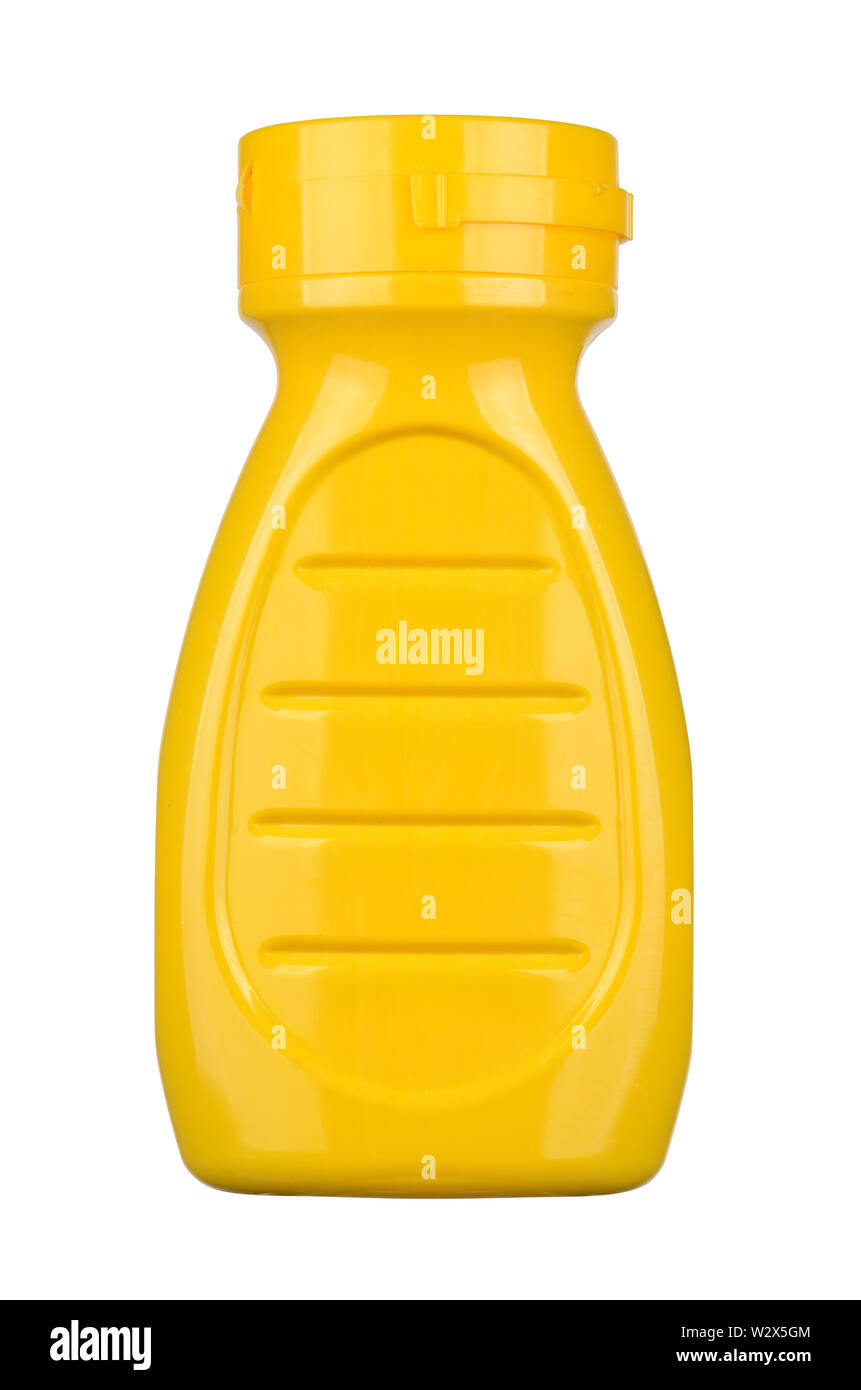 Gelber Senf Flasche auf weißem Hintergrund. Mit Freistellungspfad Stockfoto