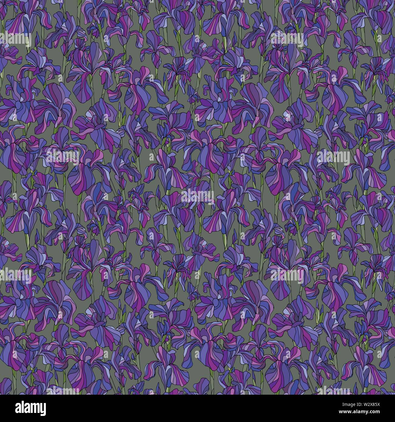 Iris blumen Hand gezeichnet Vektor nahtlose Muster. Natur Blütenblätter Hintergrund im modernen Stil. Blumen Elegante Textur für Surface Design, Textil, wrappin Stock Vektor