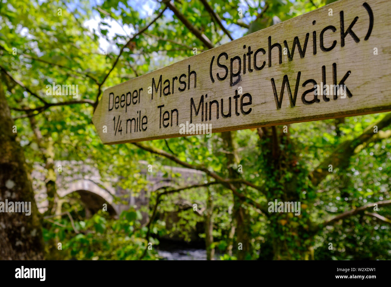 Spitchwick Zeichen Fluss Dart Dartmoor Devon England Stockfoto