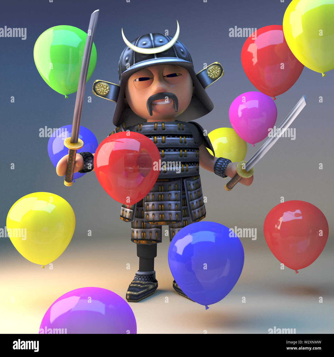 Brave japanische Samurai Krieger mit Katana Schwerter steht unter farbigen Luftballons, 3d-Grafik rendern Stockfoto