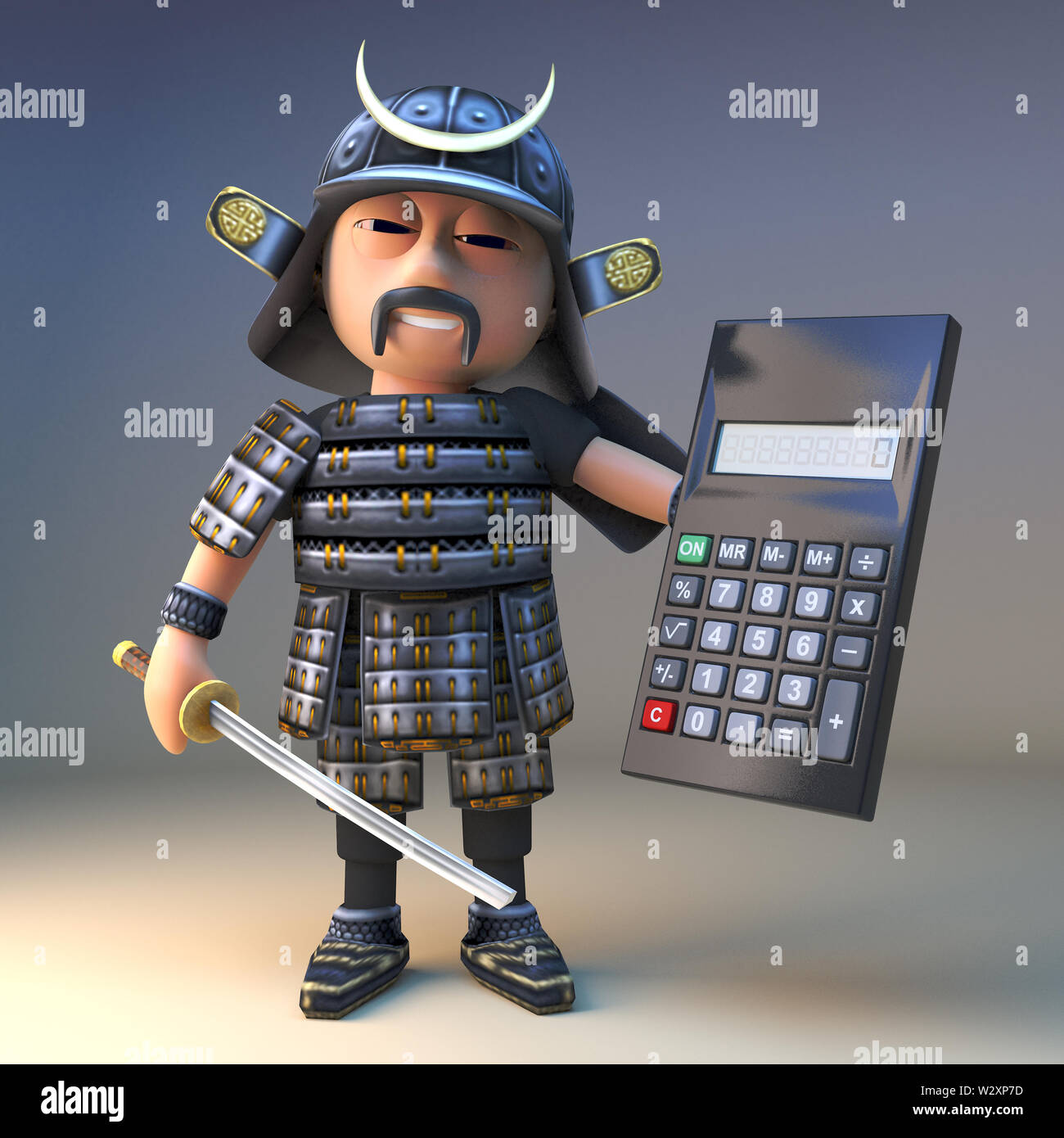 Clevere japanische Samurai Krieger mit Katana Schwert mit einem digitalen Rechner, 3d-Grafik rendern Stockfoto
