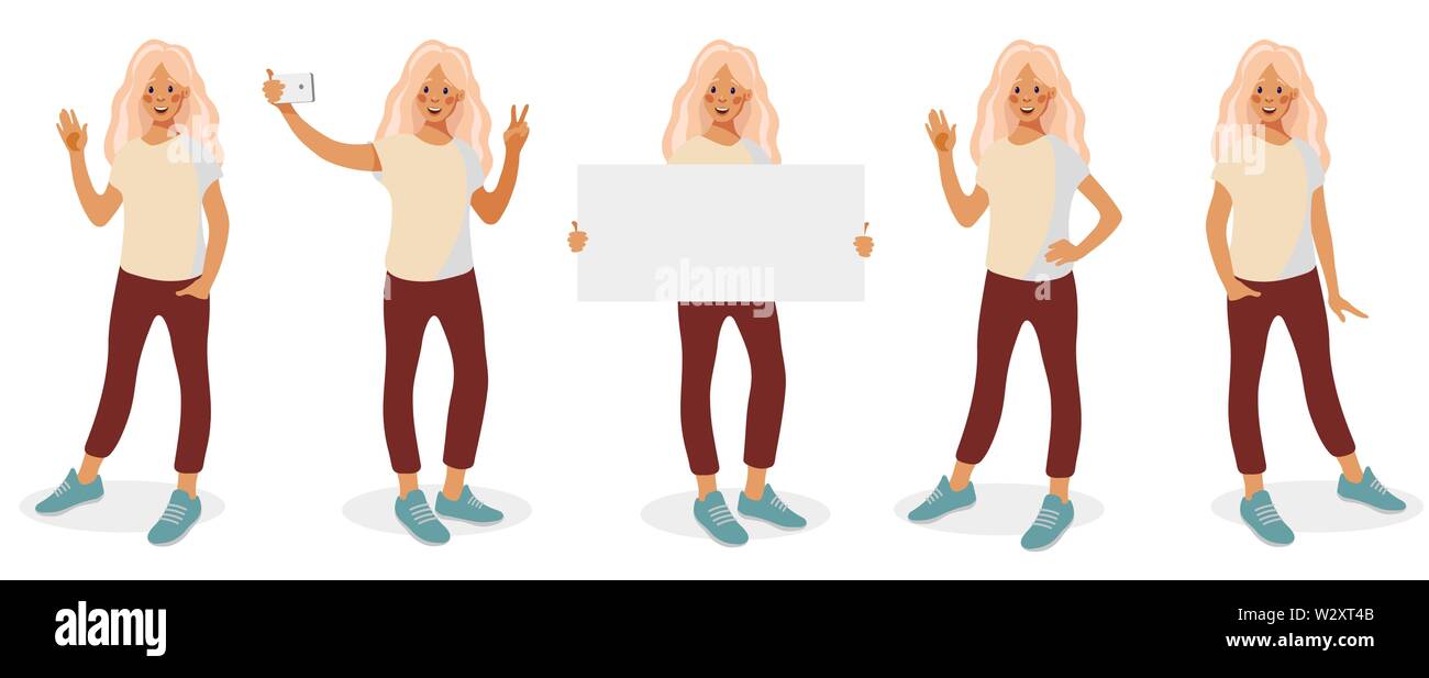 Junge Frau, legere Kleidung. Set mit unterschiedlichen Posen und Gesten auf weißem Hintergrund. Cartoon Flat Style Vector Illustration Stock Vektor