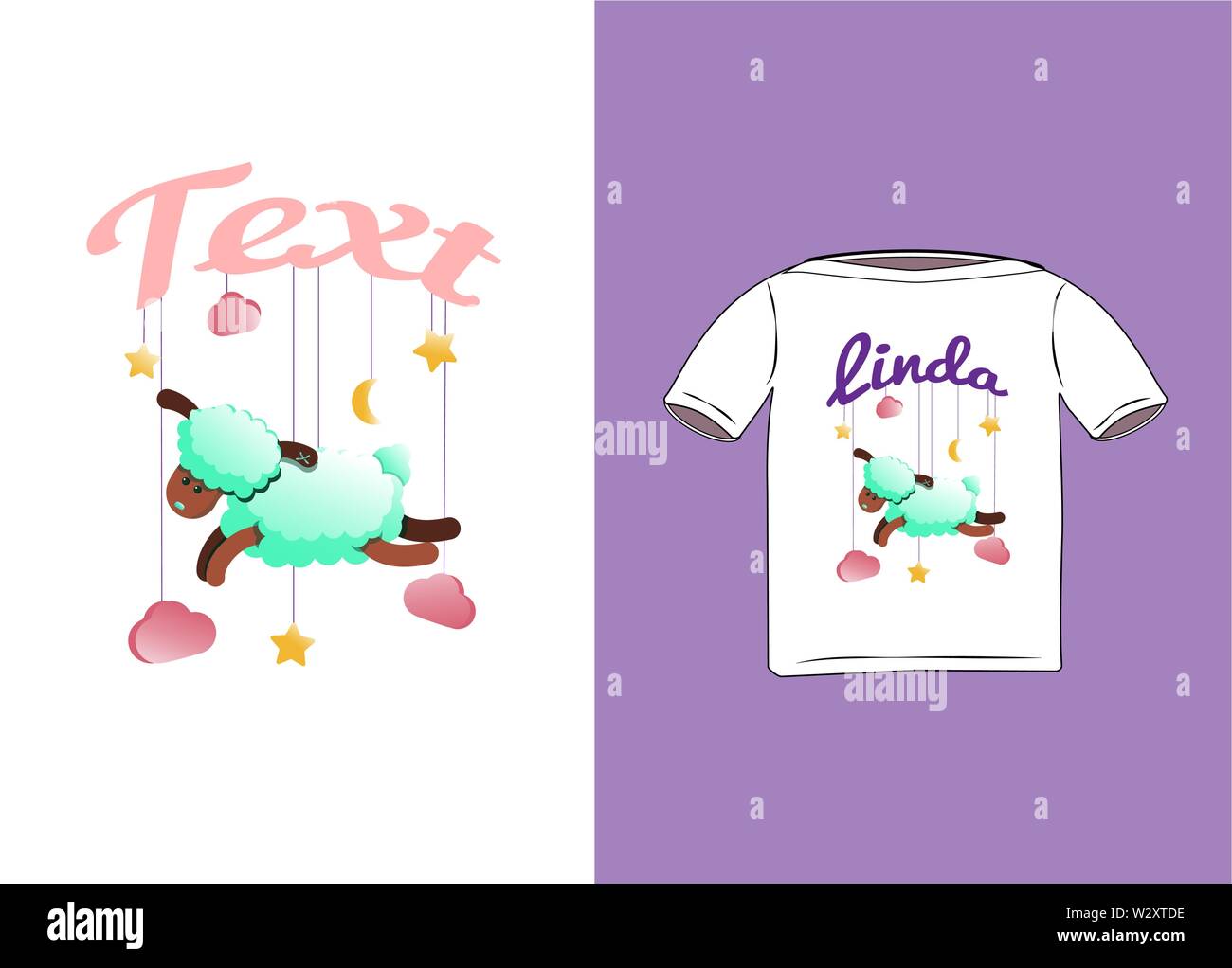 Schläfrige Schafe Zeichentrickfigur Lamm. Wolken, Sterne und Mond. Shirt mit einem Druck. Design für Textilien, Stoffen. Mit Beispieltext. Curly ram. Grün und rosa Konzept für Schlafanzug Muster. Vector Illustration poster Baumschule, kid Bekleidung. Stock Vektor