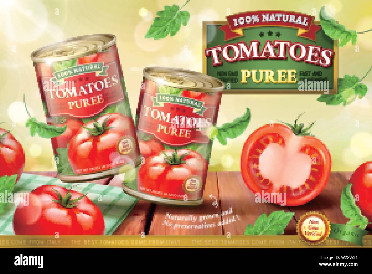 Dose Tomatenmark ads mit frischem Gemüse auf hölzernen Tisch in 3D-Darstellung Stock Vektor