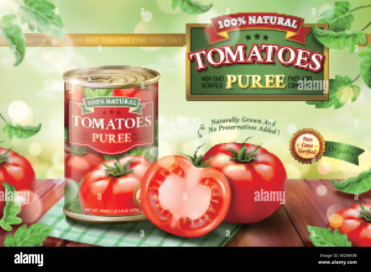 Dose Tomatenmark ads mit frischem Gemüse auf hölzernen Tisch in 3D-Darstellung Stock Vektor