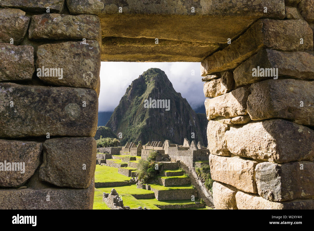 Machu Picchu Peru - Machu Picchu Zitadelle mit Blick auf den Huayna Picchu Berg in Peru, Südamerika. Stockfoto