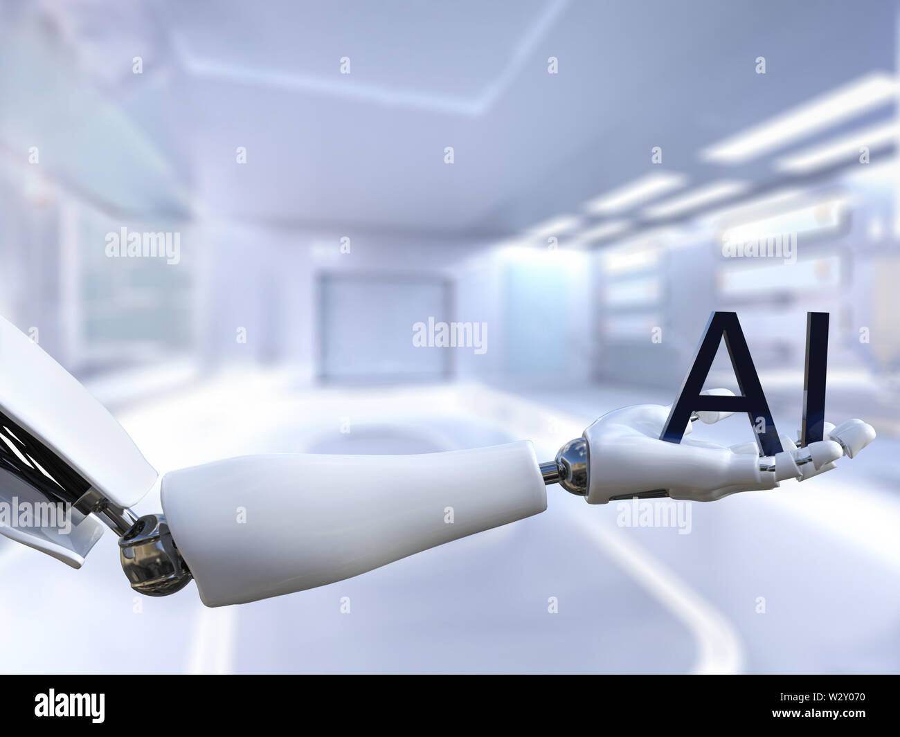 3D-Rendering eines männlichen Roboter Hand den Buchstaben AI, d. h. Künstliche Intelligenz Technologie. Futuristisches Konzept. Stockfoto