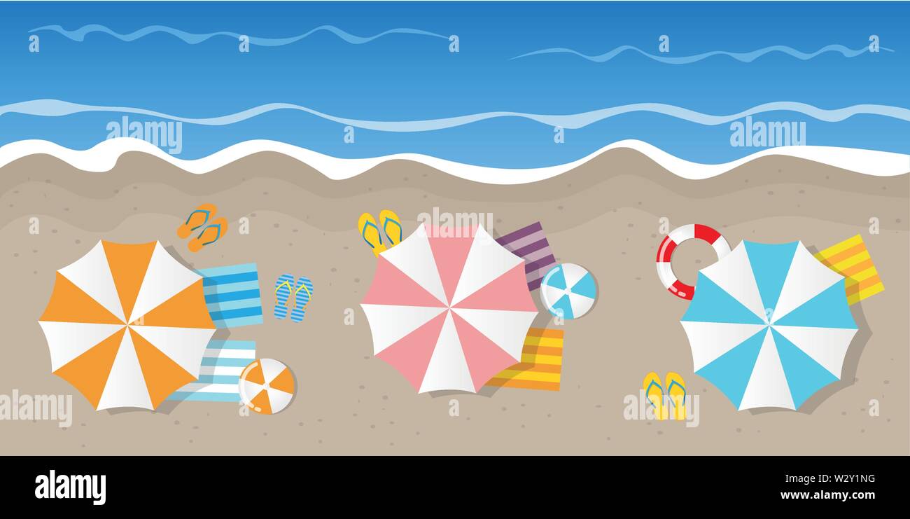 Sommer Urlaub auf einem touristischen Strand Ansicht von oben mit Sonnenschirm flip flops Ball und Rettungsring vector Abbildung: EPS 10. Stock Vektor