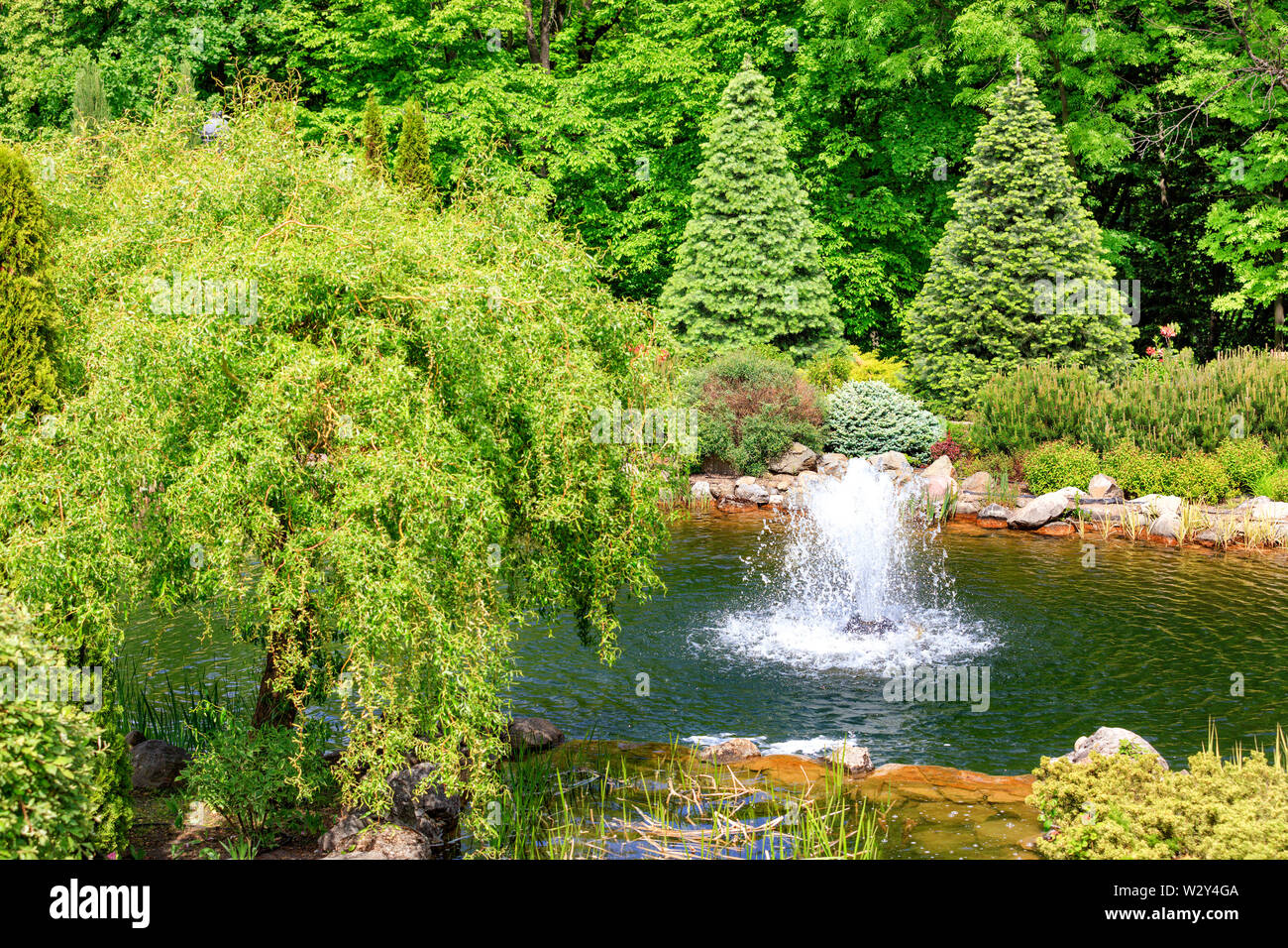 Ein kleiner Springbrunnen in einem dekorativen Teich, durch Bäume und Büsche in einem schönen Park umgeben, erfrischt die Luft im heißen Sommer in den Strahlen der weichen sunligh Stockfoto