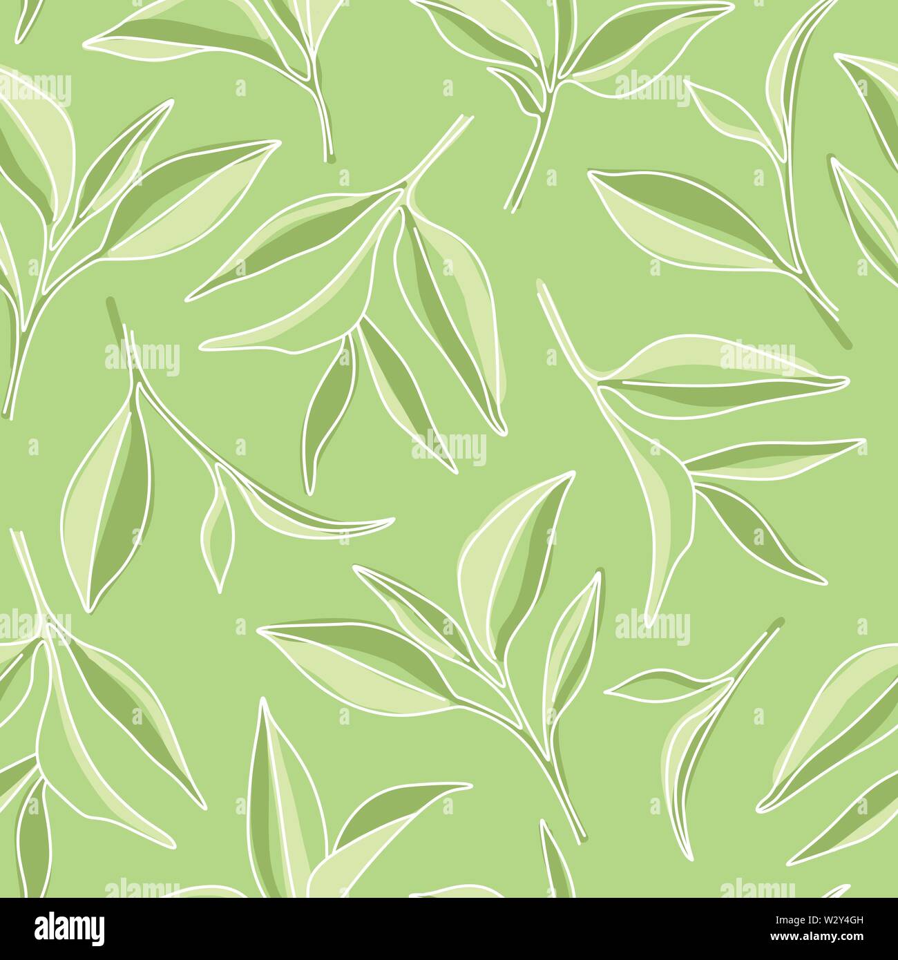 Matcha grüner Tee Blätter Einfache grafische nahtlose Muster auf grünem Hintergrund Stock Vektor