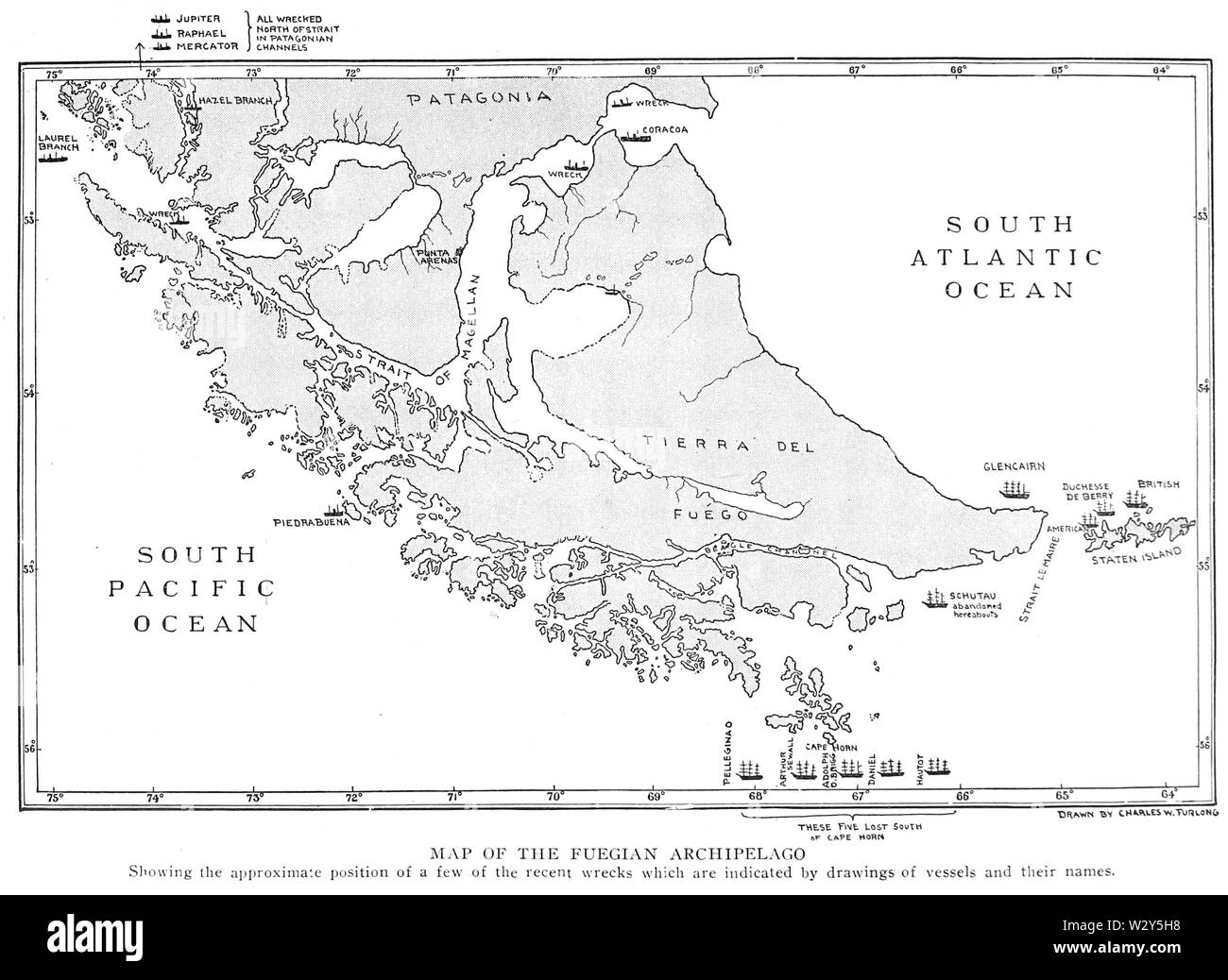 Karte der Fuegian Archipel, mit Schiffswracks aus dem frühen 20. Stockfoto