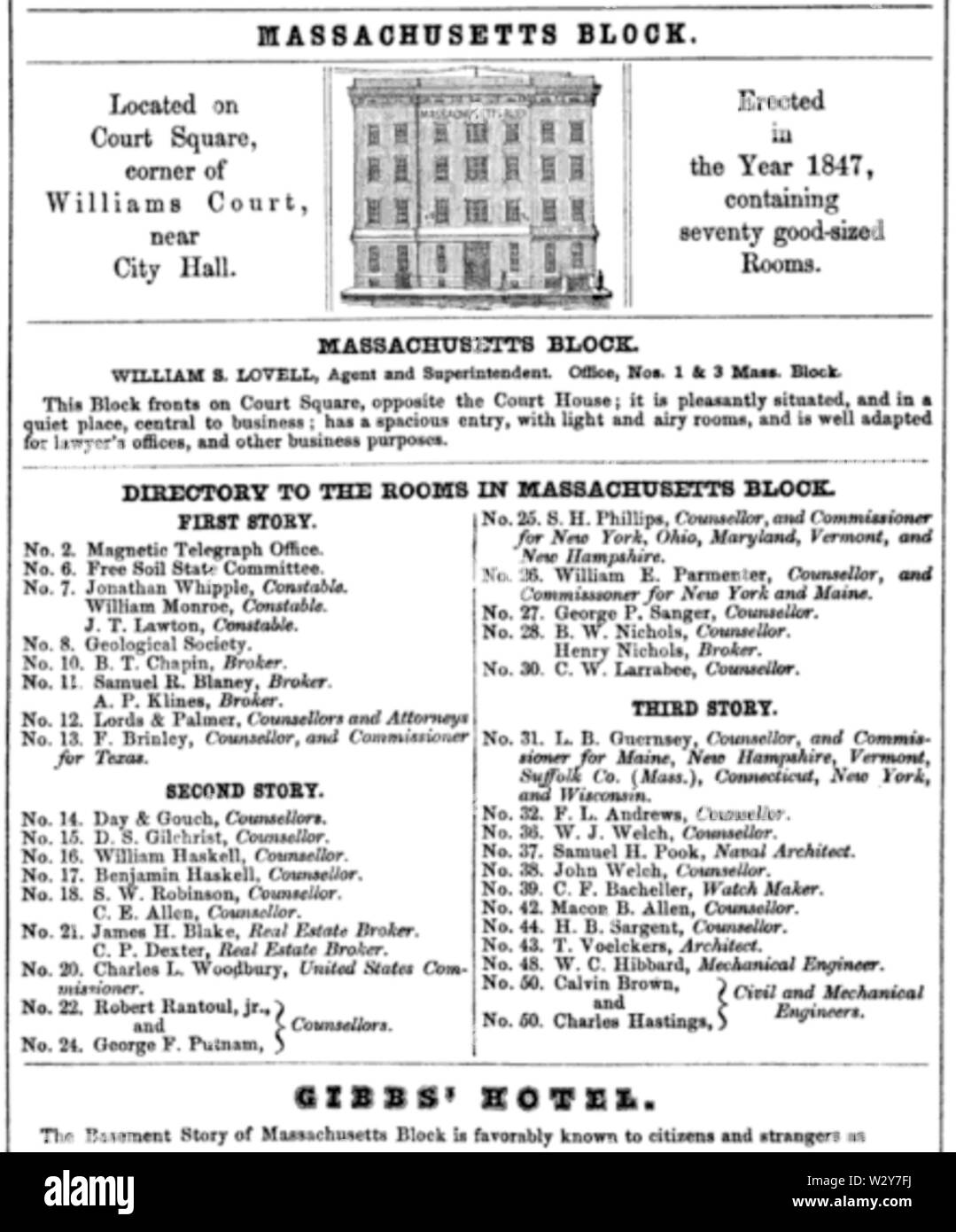 MassachusettsBlock CourtSq BostonDirectory 1849 Stockfoto