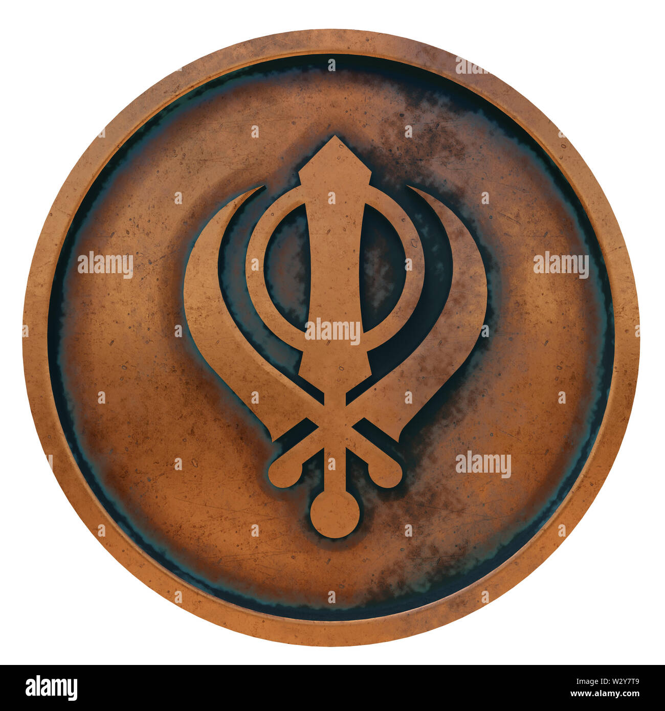 Sikhismus Symbol auf dem Metall Kupfer Münze 3D-Rendering Stockfoto