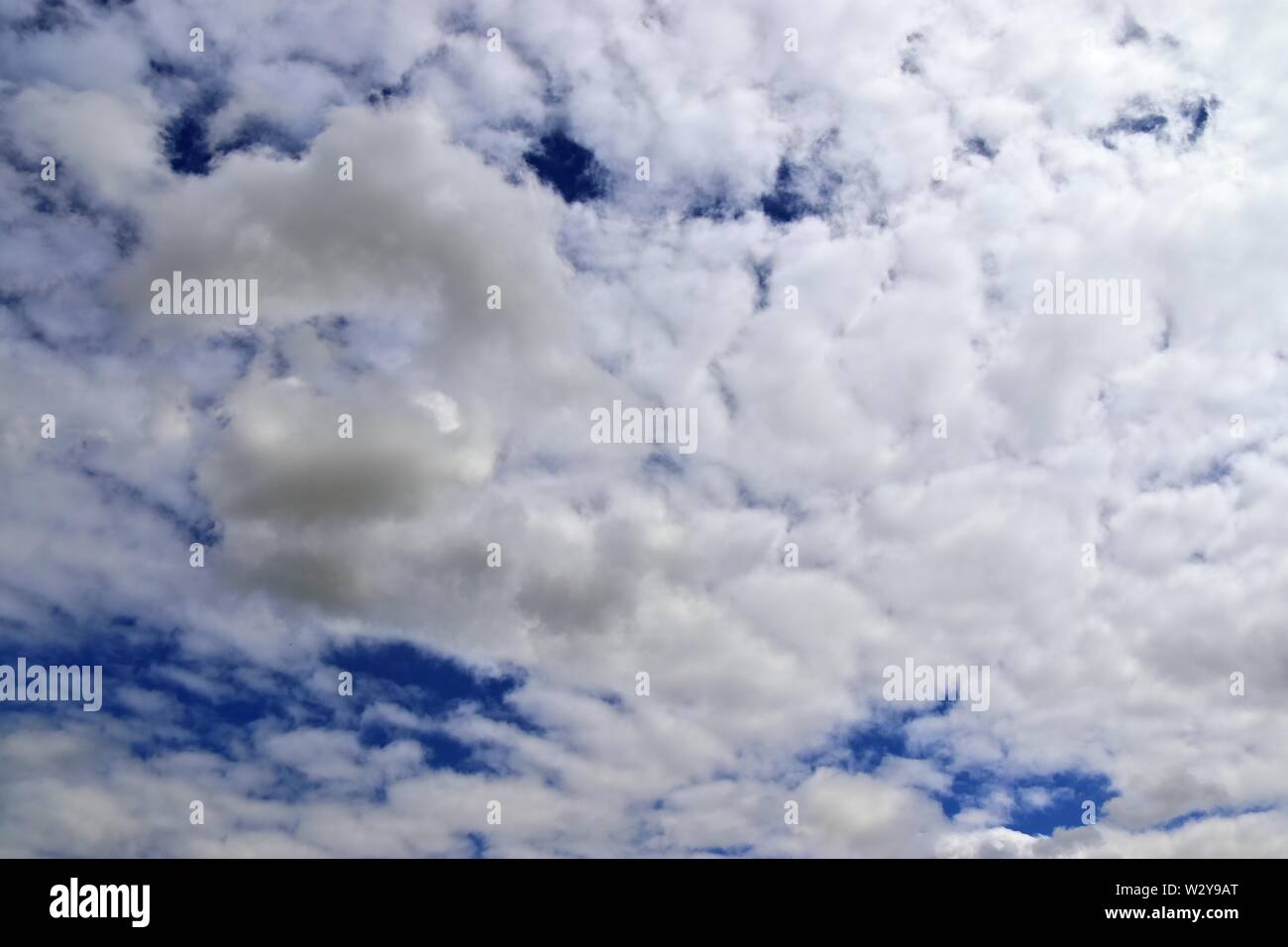 Entspannende Aussicht auf flauschigen weissen Wolken an einem tiefblauen Himmel Stockfoto