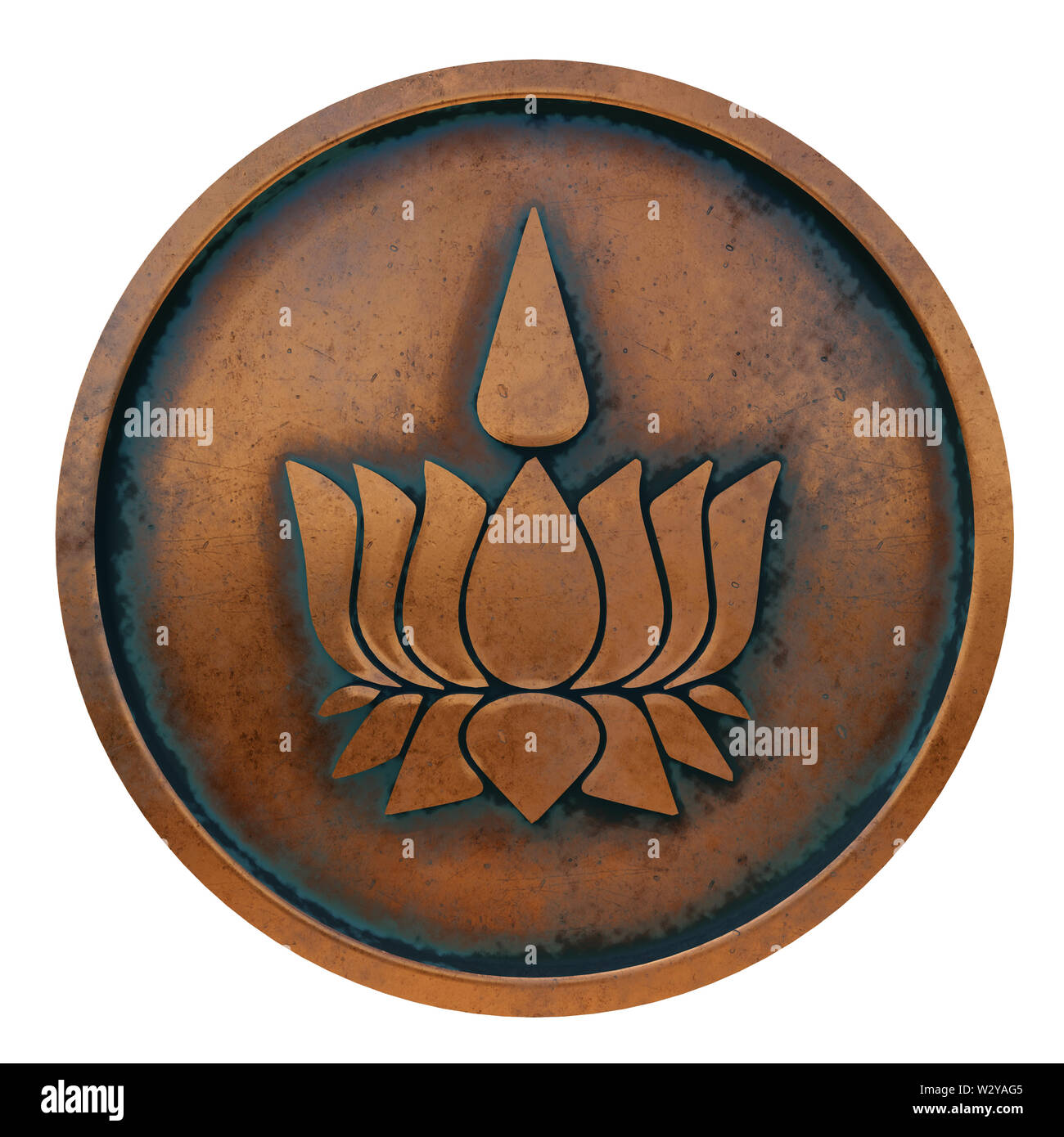 Ayyavazhi Symbol auf dem Metall Kupfer Münze 3D-Rendering Stockfoto