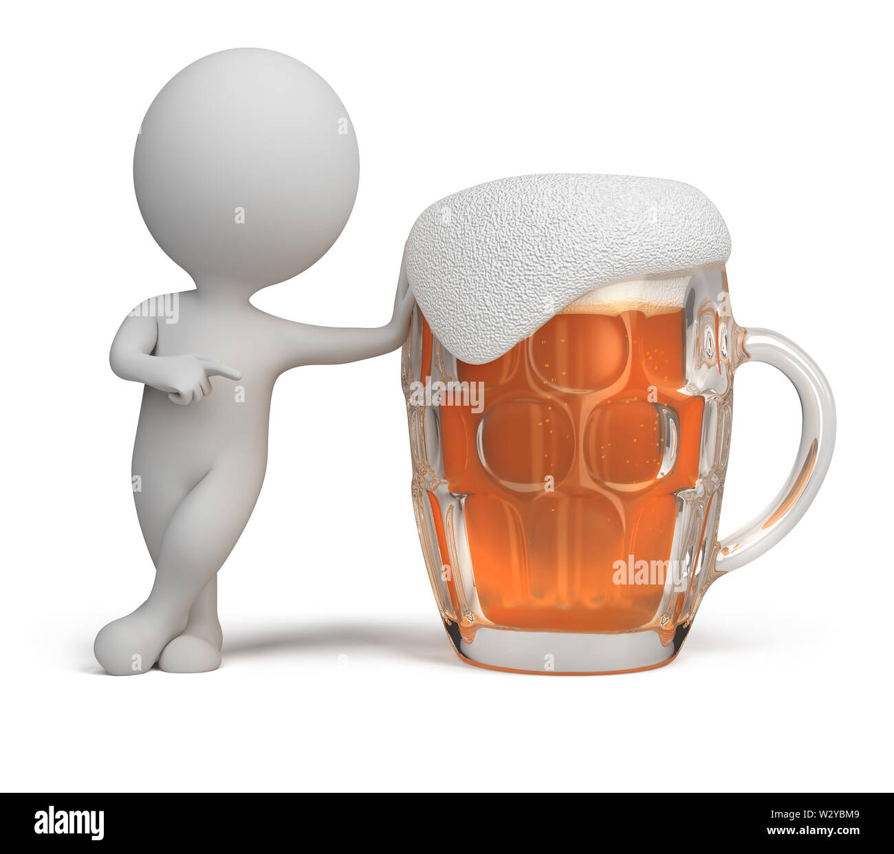 3d kleine Person neben einem Glas Bier. 3D-Bild. Isoliert weißer Hintergrund. Stockfoto