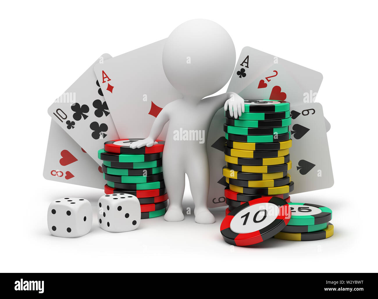3d kleine Menschen mit Zähler für eine Roulette, Karten spielen und Knochen. 3D-Bild. Isoliert weißer Hintergrund. Stockfoto