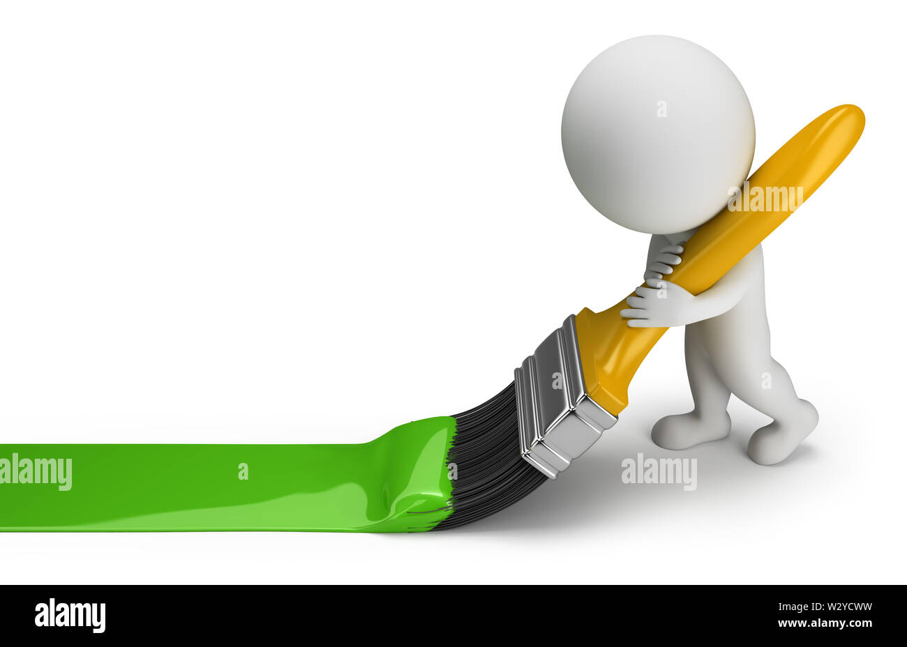 3d kleine Person zieht eine grüne Linie Bürste. 3D-Bild. Weißer Hintergrund. Stockfoto