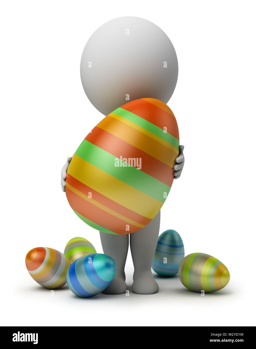 3d kleine Person hält den grossen Ostern Ei in einer Hand. 3D-Bild. Isoliert weißer Hintergrund. Stockfoto