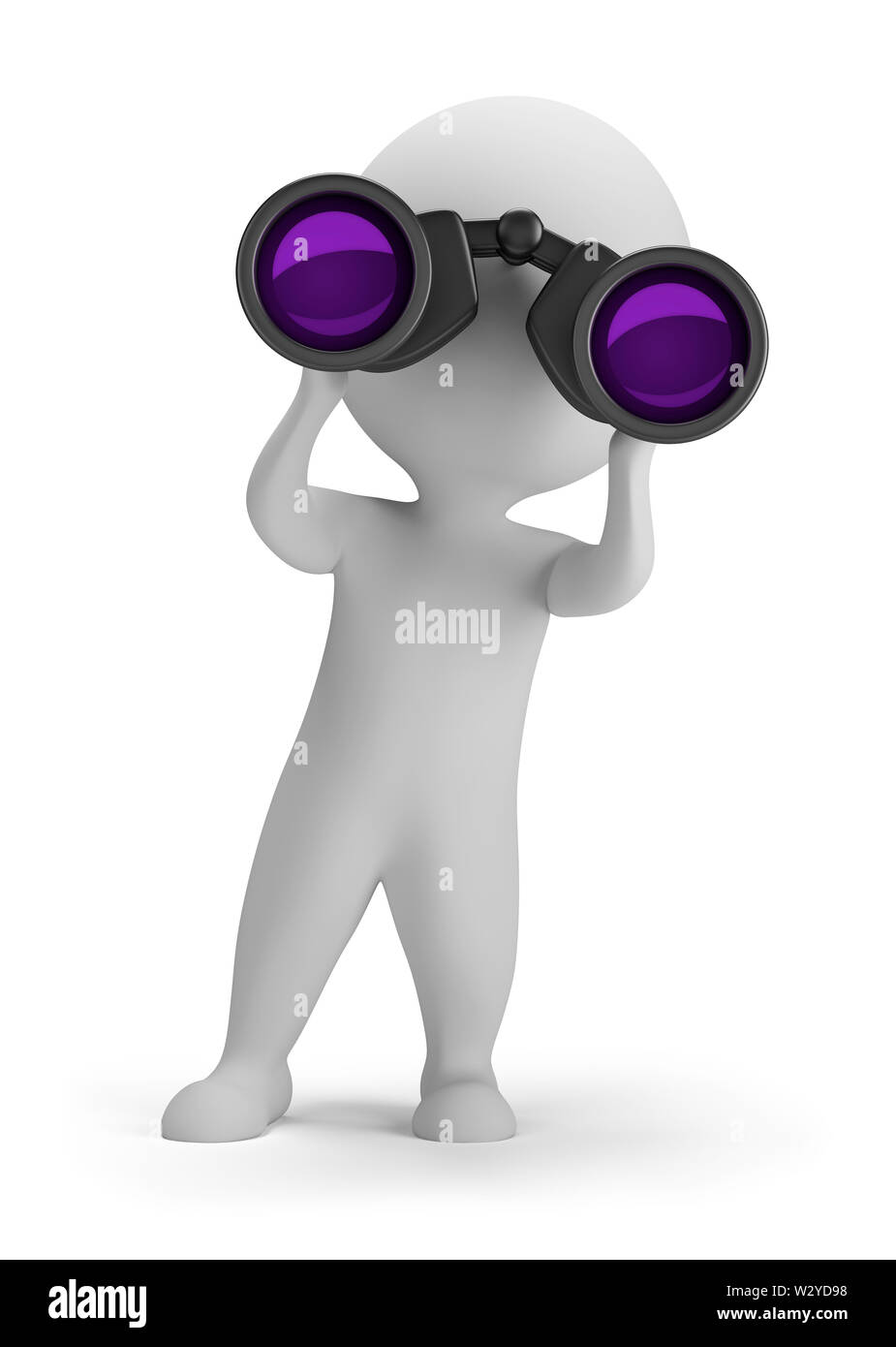 3d kleine Person Blick durch ein Fernglas. 3D-Bild. Isoliert weißer Hintergrund. Stockfoto