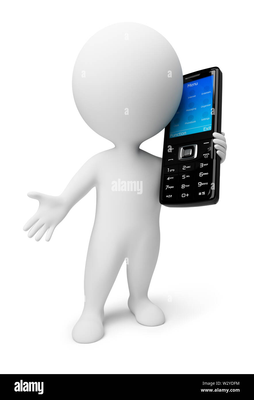 3d kleine Leute mit einem schwarzen Handy. 3D-Bild. Isoliert weißer Hintergrund. Stockfoto