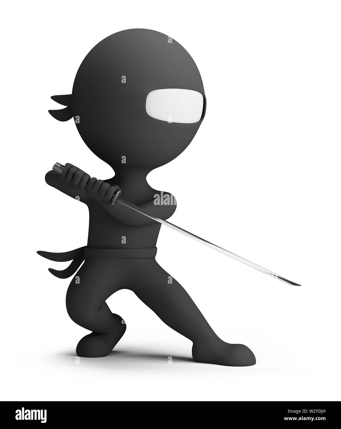 3d kleine Person - Ninja mit Schwert in der Hand, trägt einen schwarzen Anzug und zur Bekämpfung der Körperhaltung. 3D-Bild. Isoliert weißer Hintergrund. Stockfoto