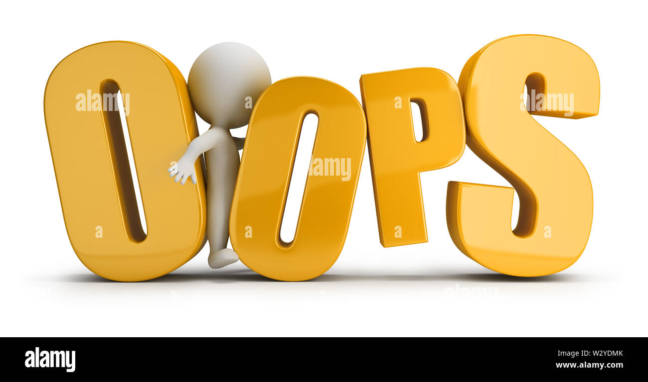 3d kleine Person zwischen Buchstaben in einem Wort oops stecken. 3D-Bild. Weißer Hintergrund. Stockfoto