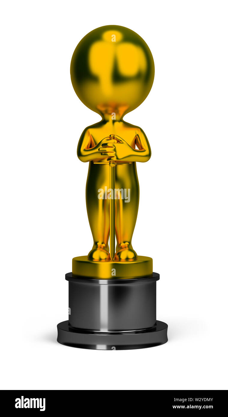 3d kleine Person - golden Oscar mit einem Schwert in der Hand. 3D-Bild. Isoliert weißer Hintergrund. Stockfoto