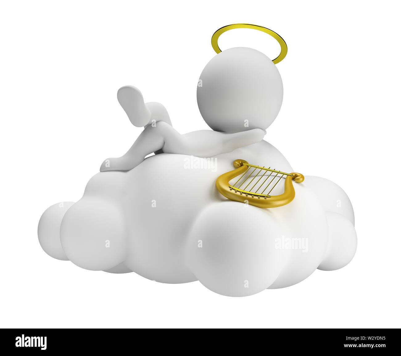 3d kleine Menschen im Paradies liegt in einer Wolke mit einer Harfe. 3D-Bild. Isoliert weißer Hintergrund. Stockfoto