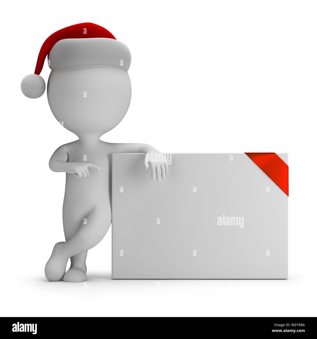3d kleine Person - Santa neben einem leeren Brett. 3D-Bild. Weißer Hintergrund. Stockfoto