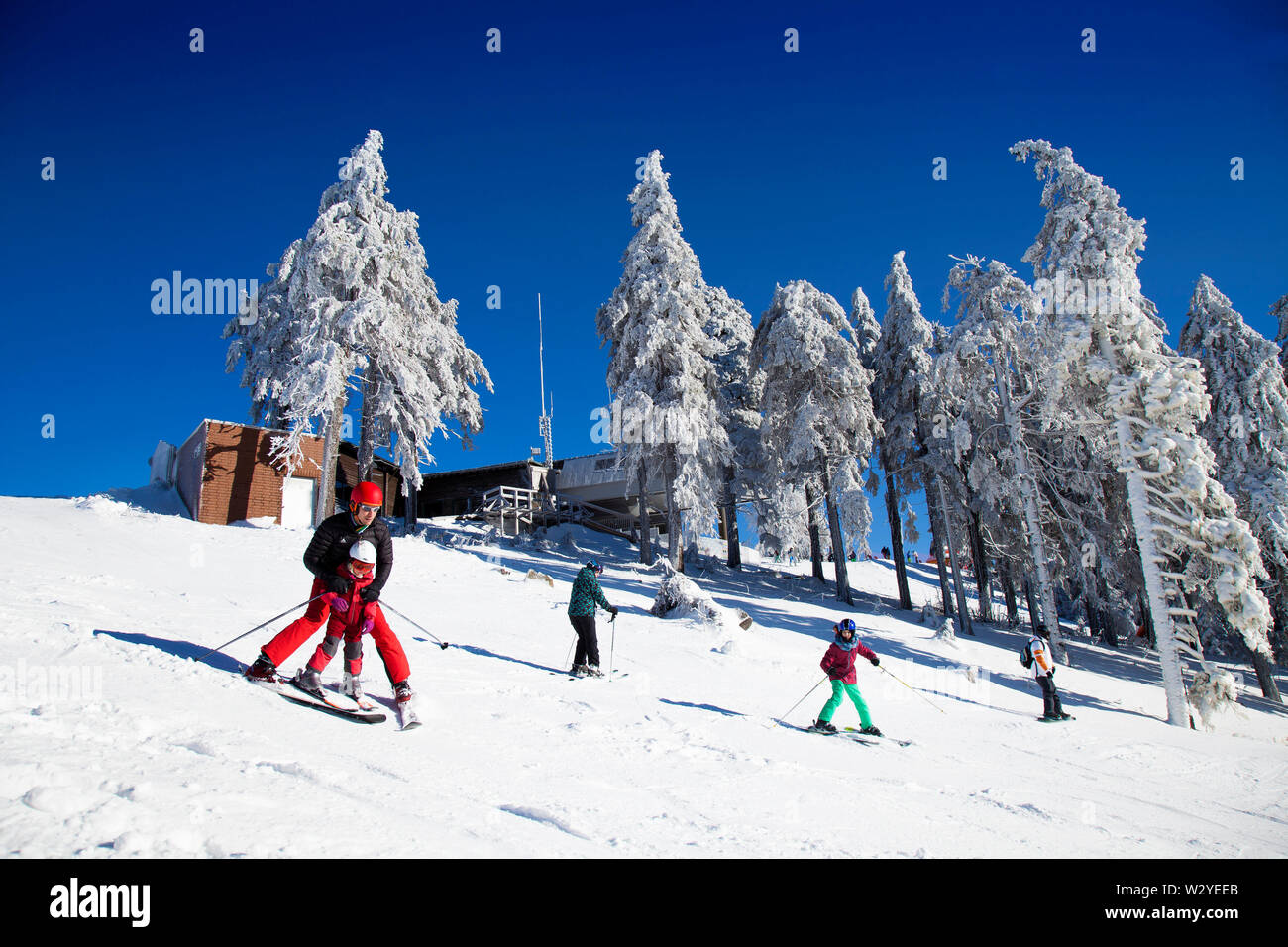Skifahrer auf der Piste, Gipfel des Wurmbergs, Niedersachsen, nationalen parkHarz, Braunlage, Deutschland Stockfoto