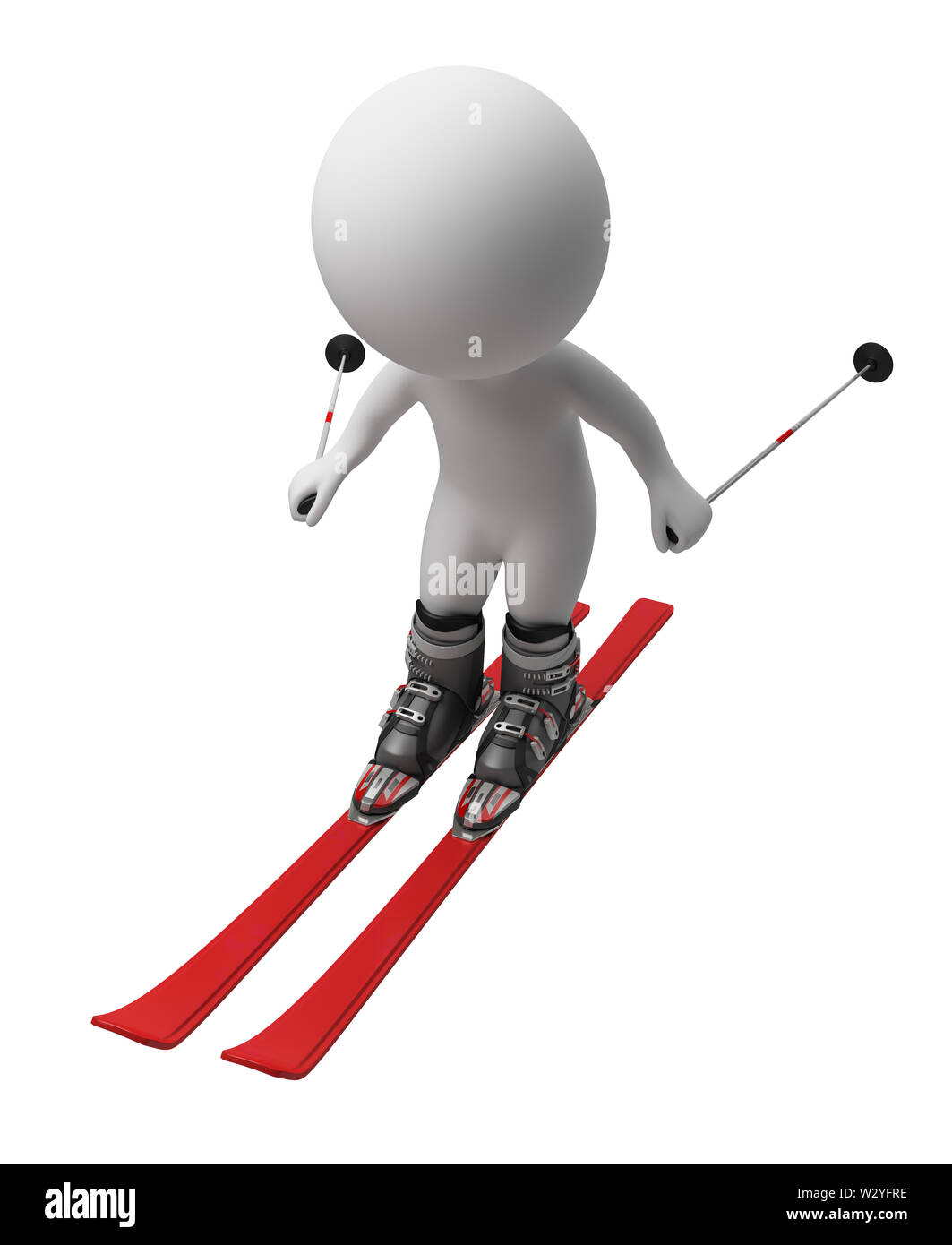 3d kleine Person gehen auf Skiern. 3D-Bild. Isoliert weißer Hintergrund. Stockfoto