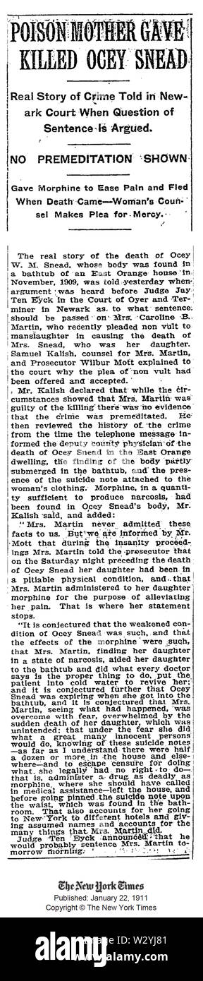 Mord an Ocey Snead in der New York Times am 22. Januar 1911 Stockfoto