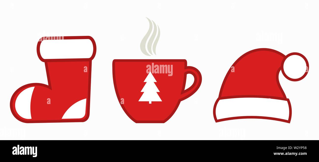 Santa Claus Zubehör: Hut, Bevorratung und heiße Schokolade oder Kaffee Tasse. Stock Vektor