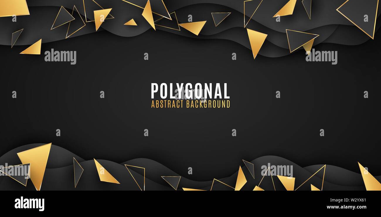 Geometrische Formen. Zusammenfassung Hintergrund. Stilvolle Broschüre für Ihr Design. Papier wellen. Low-poly-Stil. Schwarze und goldene Dreiecke. Liquid Design. Polyg Stock Vektor