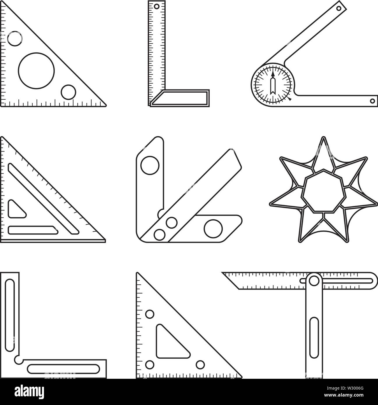 Werkzeuge für die Holzbearbeitung. Messung und Kennzeichnung. Flache Symbole Stock Vektor