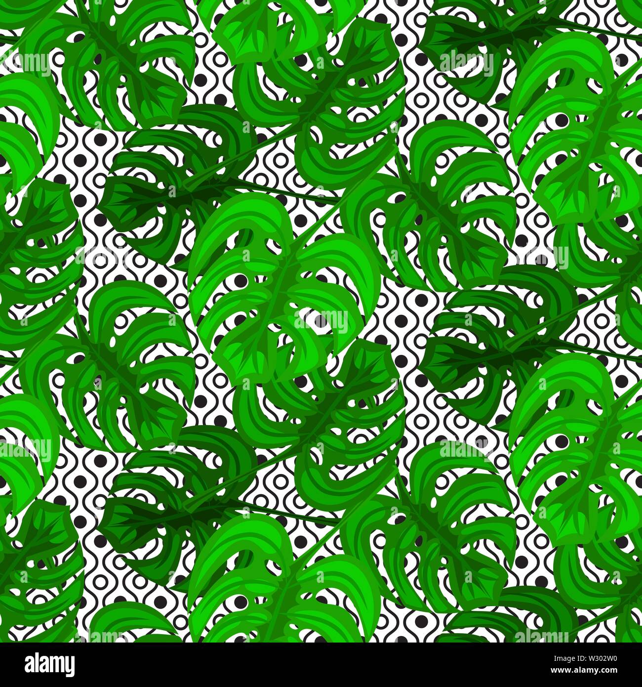 Palm Blätter und geometrische Formen rosa blau Farben nahtlose Vektor Muster. Stock Vektor